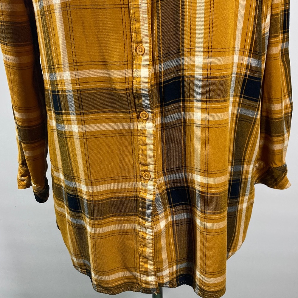 Plaid Shirt/Top Women Size M Mustard & Black Button Up Collar Pockets Soft Comfy - Picture 3 of 9